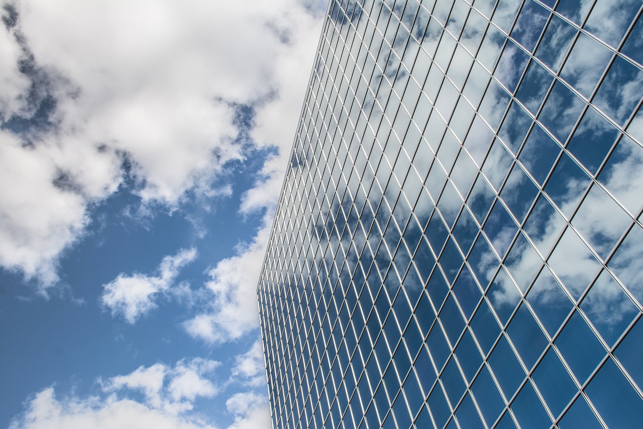 building, reflection, clouds, sky, skyscraper, architecture, city, glass, urban, modern, perspective, blue sky, nature, toronto, construction, geometric, window, tower, business, office, blue